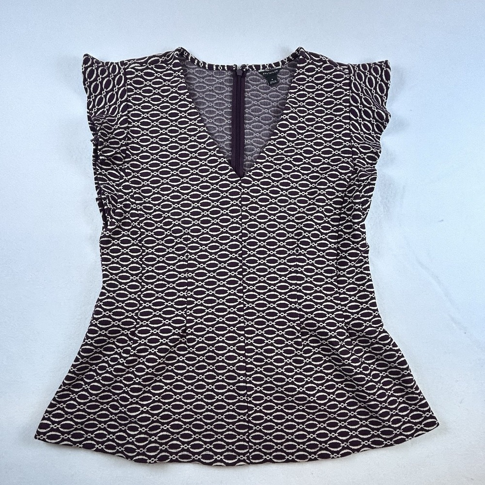 Ann‎ Taylor Women's Chain Ruffle Sleeve Peplum Top Burgundy Size M Back Zip